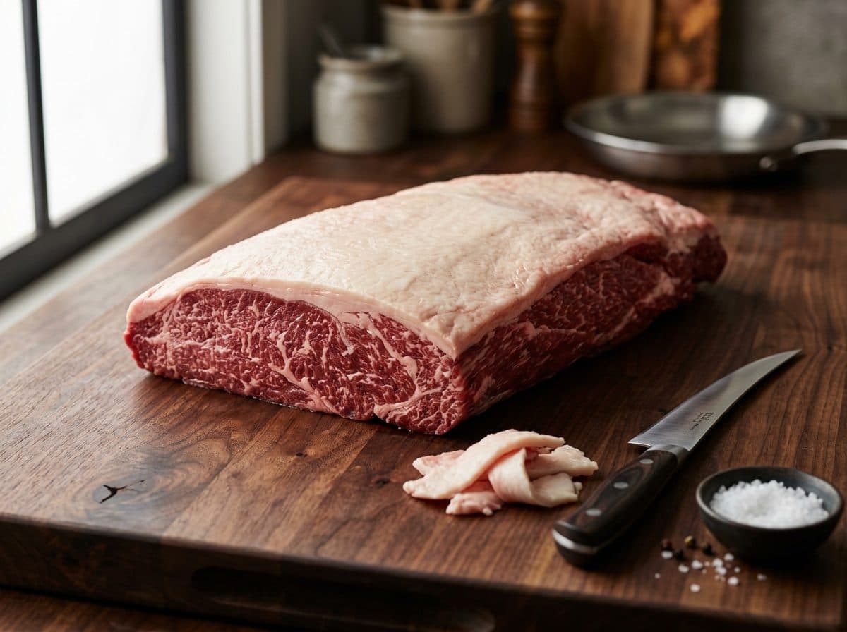 Kesme tahtasında eşit yağ tabakalı, trimlenmiş çiğ brisket